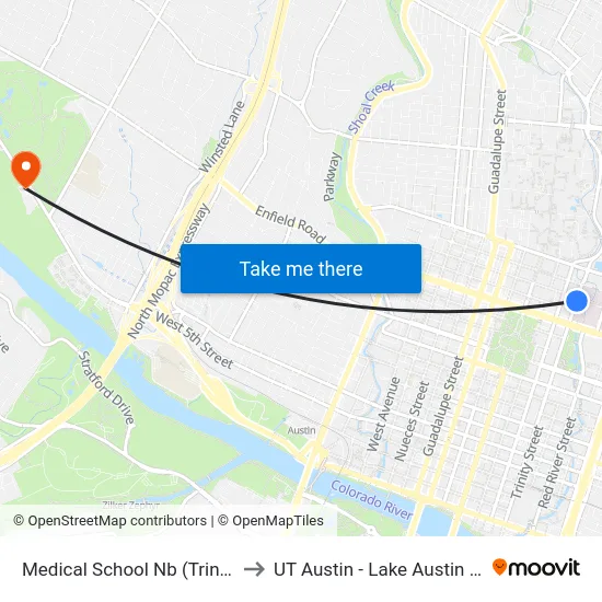 Medical School Nb (Trinity/17th) to UT Austin - Lake Austin Campus map