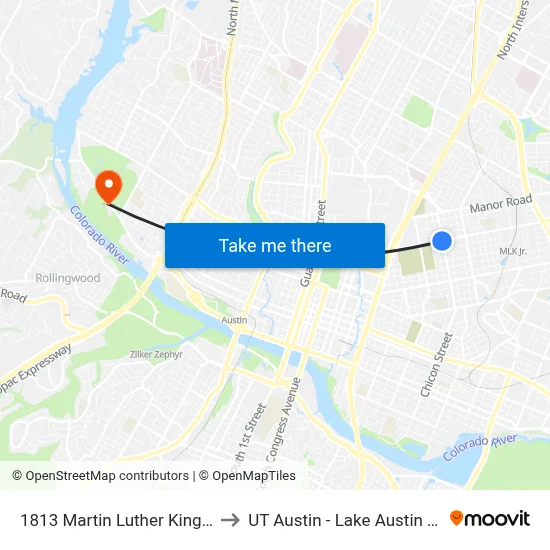 1813 Martin Luther King/Chicon to UT Austin - Lake Austin Campus map
