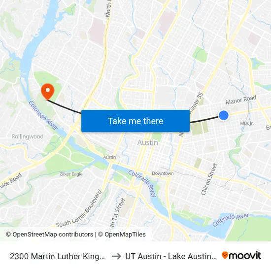 2300 Martin Luther King/Chestnut to UT Austin - Lake Austin Campus map