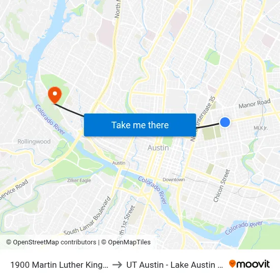1900 Martin Luther King/Chicon to UT Austin - Lake Austin Campus map