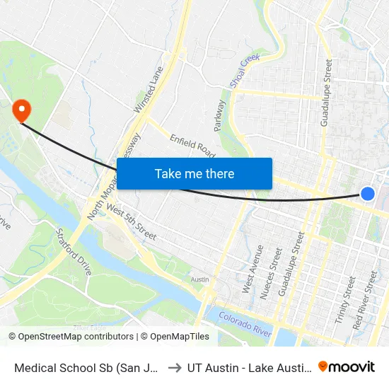 Medical School Sb (San Jacinto/17th) to UT Austin - Lake Austin Campus map