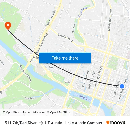 511 7th/Red River to UT Austin - Lake Austin Campus map