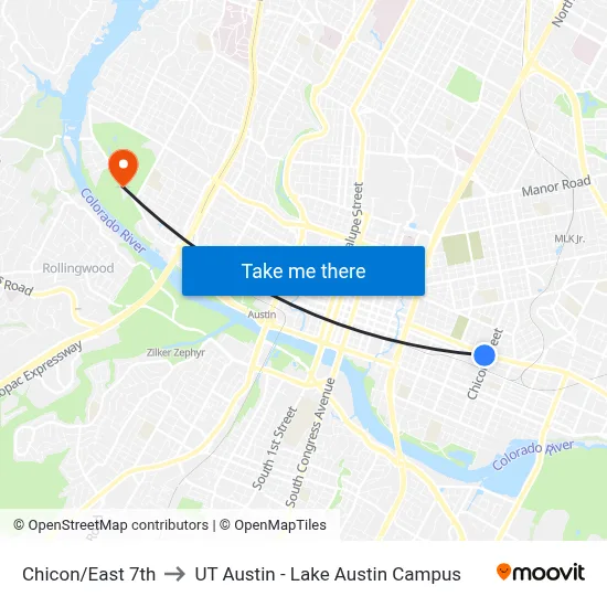 Chicon/East 7th to UT Austin - Lake Austin Campus map