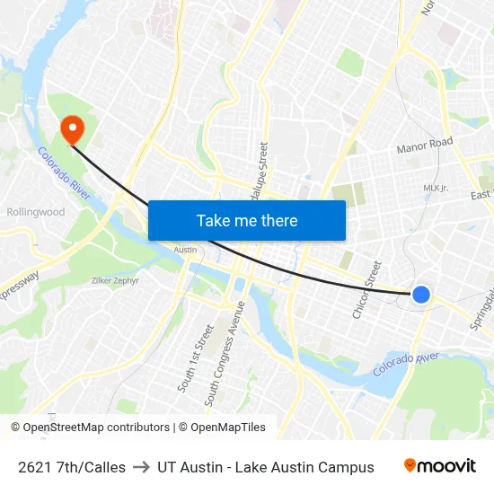 2621 7th/Calles to UT Austin - Lake Austin Campus map
