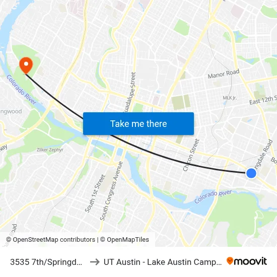 3535 7th/Springdale to UT Austin - Lake Austin Campus map