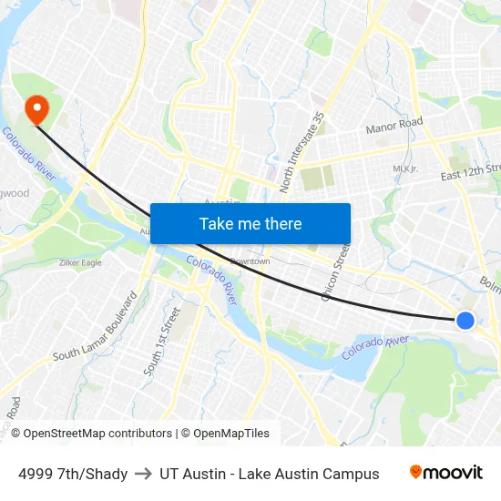 4999 7th/Shady to UT Austin - Lake Austin Campus map