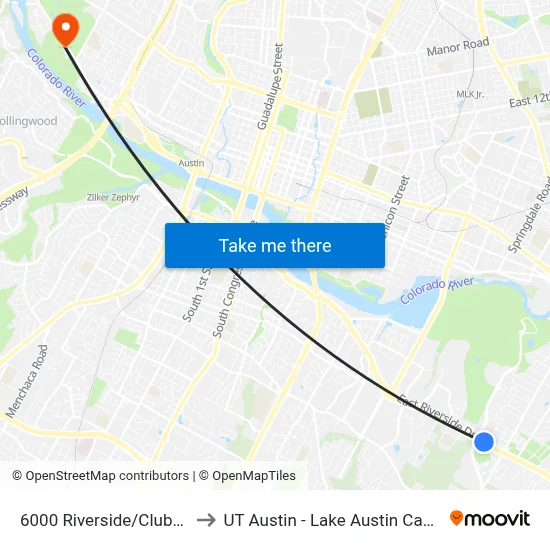 6000 Riverside/Clubview to UT Austin - Lake Austin Campus map
