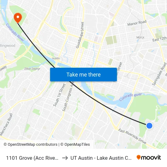 1101 Grove (Acc Riverside) to UT Austin - Lake Austin Campus map