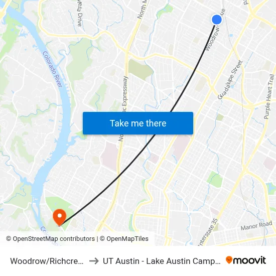 Woodrow/Richcreek to UT Austin - Lake Austin Campus map