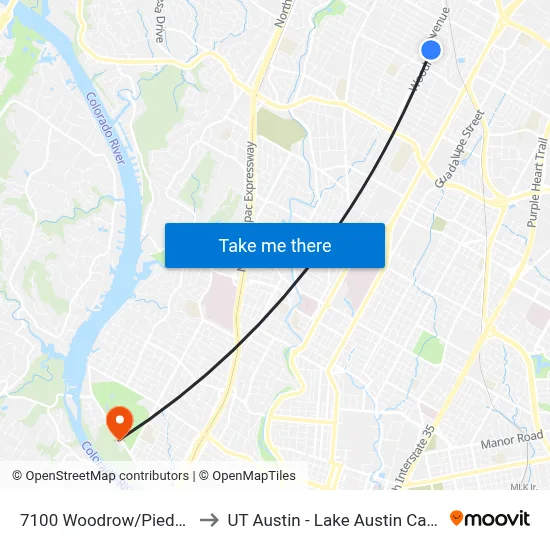 7100 Woodrow/Piedmont to UT Austin - Lake Austin Campus map