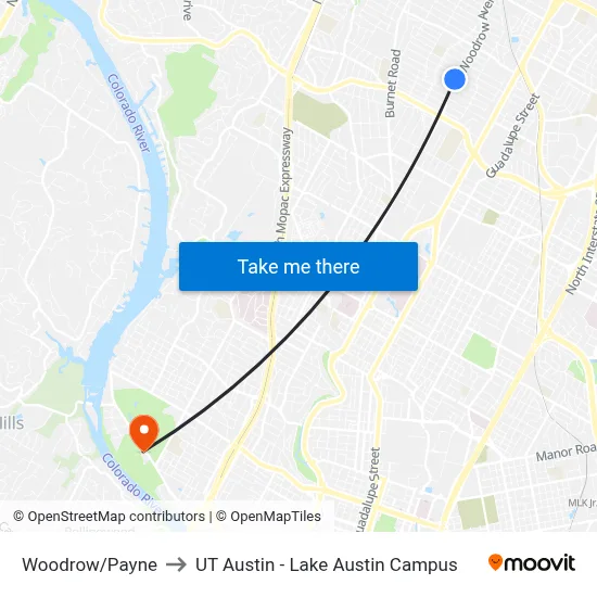Woodrow/Payne to UT Austin - Lake Austin Campus map