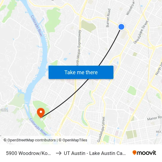 5900 Woodrow/Koenig to UT Austin - Lake Austin Campus map