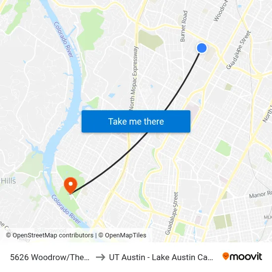 5626 Woodrow/Theckla to UT Austin - Lake Austin Campus map