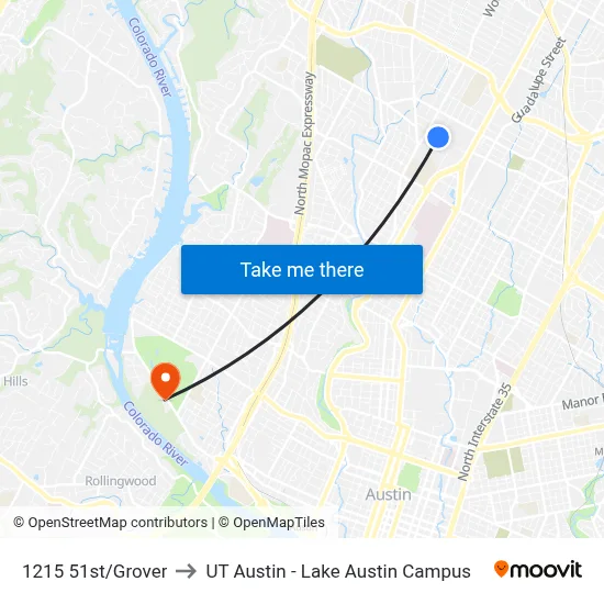 1215 51st/Grover to UT Austin - Lake Austin Campus map