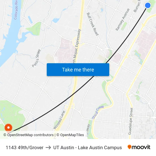 1143 49th/Grover to UT Austin - Lake Austin Campus map