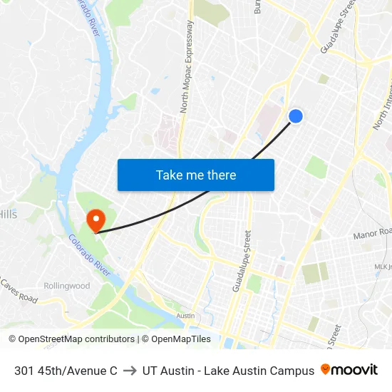 301 45th/Avenue C to UT Austin - Lake Austin Campus map