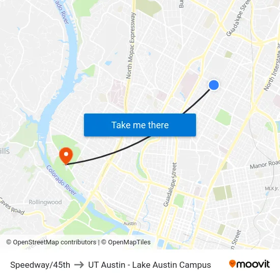 Speedway/45th to UT Austin - Lake Austin Campus map