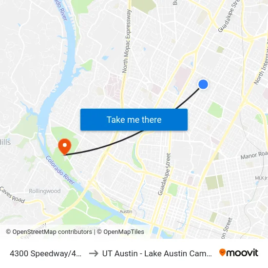 4300 Speedway/43rd to UT Austin - Lake Austin Campus map