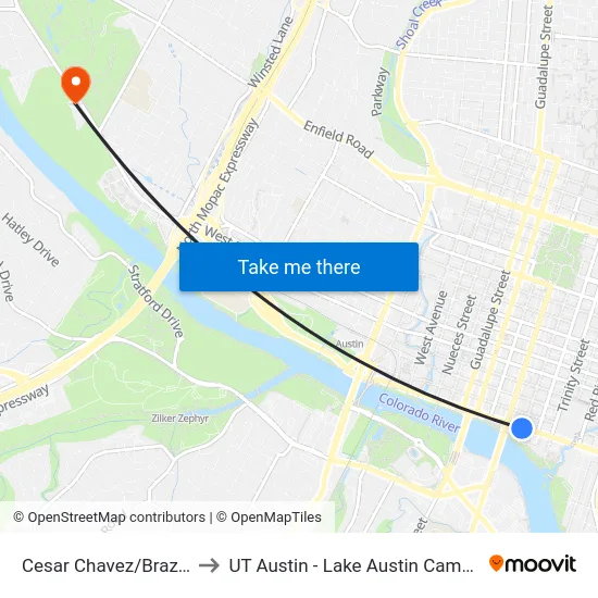 Cesar Chavez/Brazos to UT Austin - Lake Austin Campus map