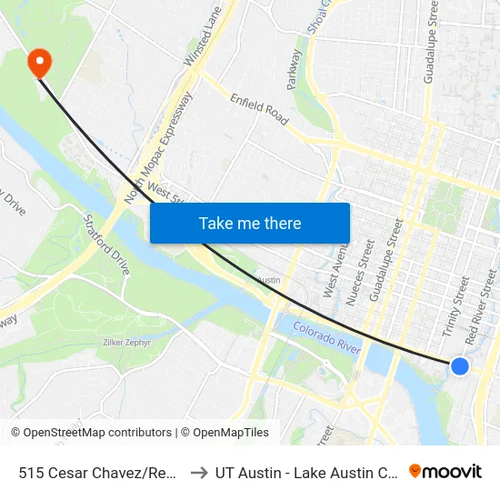 515 Cesar Chavez/Red River to UT Austin - Lake Austin Campus map