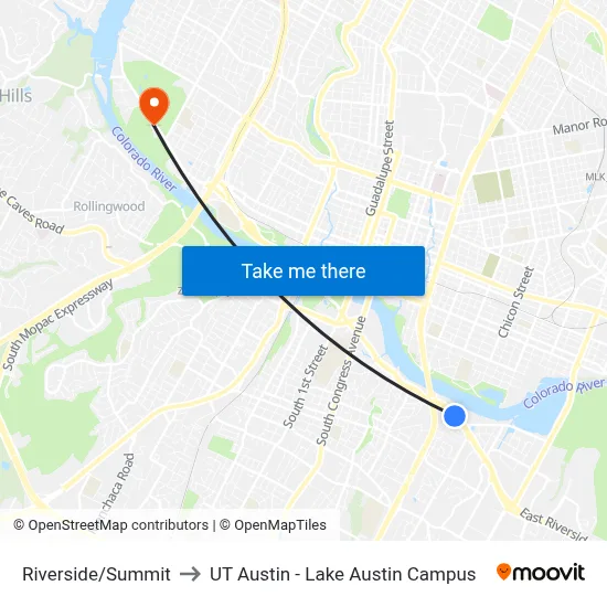 Riverside/Summit to UT Austin - Lake Austin Campus map