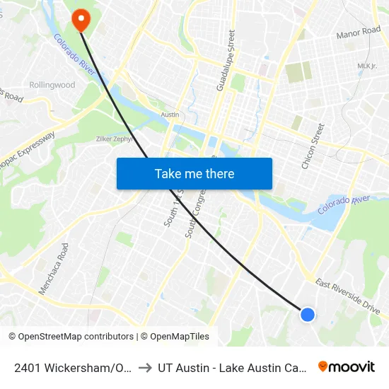 2401 Wickersham/Oltorf to UT Austin - Lake Austin Campus map
