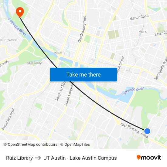 Ruiz Library to UT Austin - Lake Austin Campus map