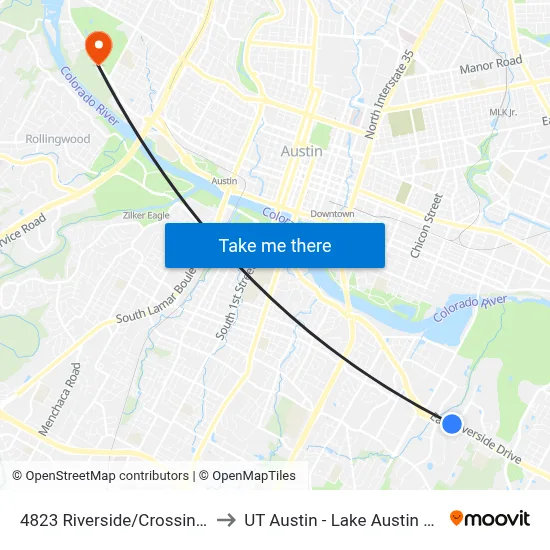 4823 Riverside/Crossing Place to UT Austin - Lake Austin Campus map