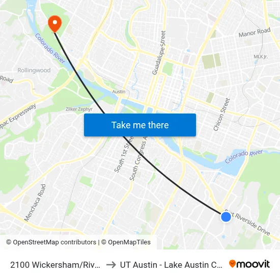 2100 Wickersham/Riverside to UT Austin - Lake Austin Campus map