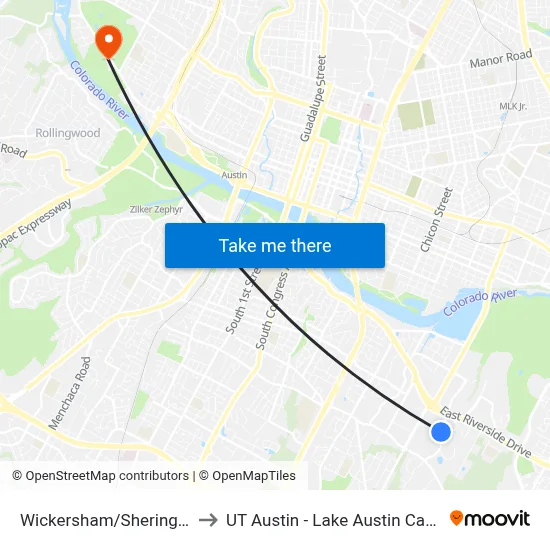 Wickersham/Sheringham to UT Austin - Lake Austin Campus map