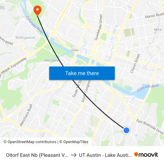 Oltorf East Nb (Pleasant Valley/Oltorf) to UT Austin - Lake Austin Campus map