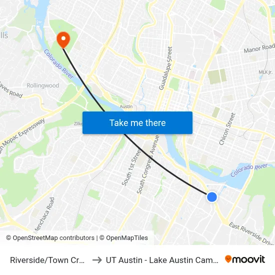 Riverside/Town Creek to UT Austin - Lake Austin Campus map