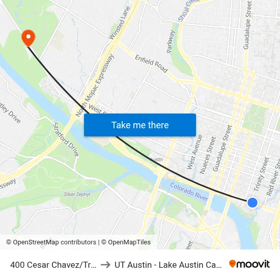 400 Cesar Chavez/Trinity to UT Austin - Lake Austin Campus map