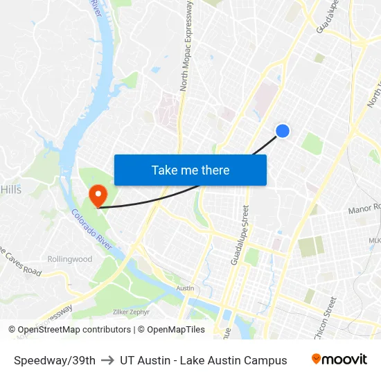 Speedway/39th to UT Austin - Lake Austin Campus map