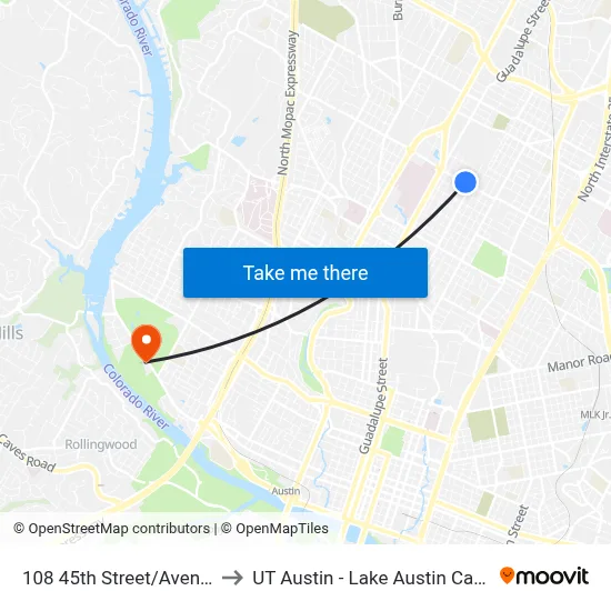 108 45th Street/Avenue D to UT Austin - Lake Austin Campus map