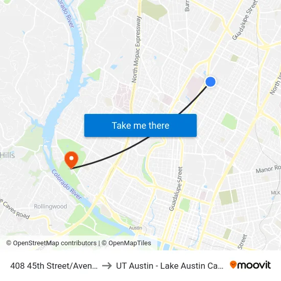 408 45th Street/Avenue A to UT Austin - Lake Austin Campus map