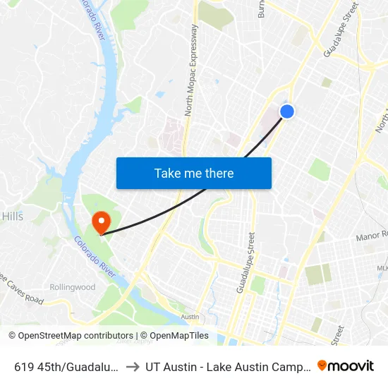 619 45th/Guadalupe to UT Austin - Lake Austin Campus map