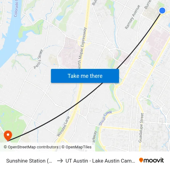 Sunshine Station (Nb) to UT Austin - Lake Austin Campus map