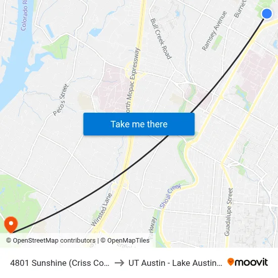 4801 Sunshine (Criss Cole Rehab) to UT Austin - Lake Austin Campus map