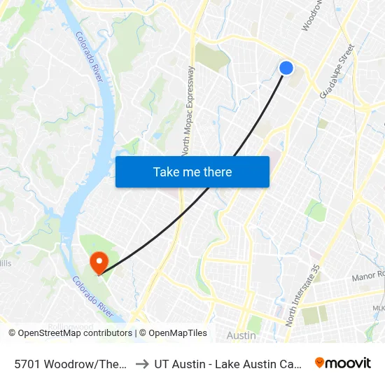 5701 Woodrow/Theckla to UT Austin - Lake Austin Campus map