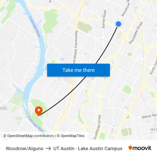 Woodrow/Alguno to UT Austin - Lake Austin Campus map