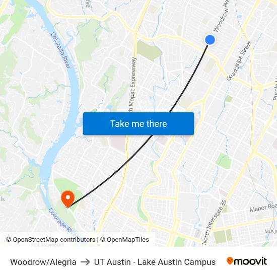 Woodrow/Alegria to UT Austin - Lake Austin Campus map