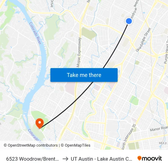 6523 Woodrow/Brentwood to UT Austin - Lake Austin Campus map