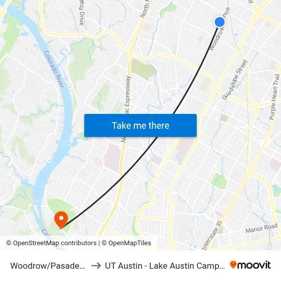 Woodrow/Pasadena to UT Austin - Lake Austin Campus map
