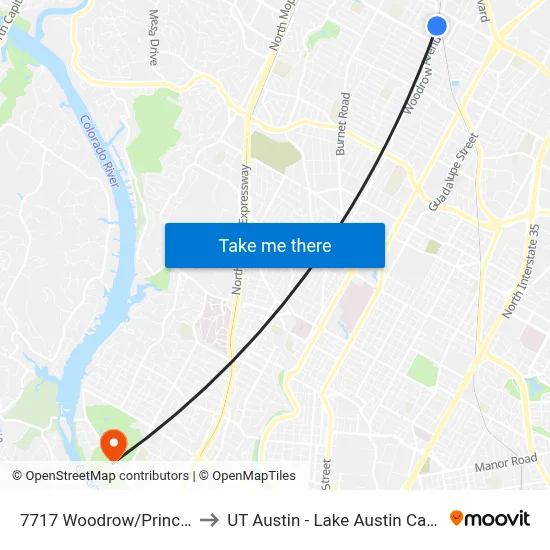 7717 Woodrow/Princeton to UT Austin - Lake Austin Campus map