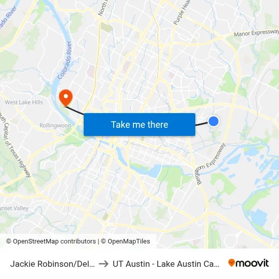 Jackie Robinson/Delano to UT Austin - Lake Austin Campus map