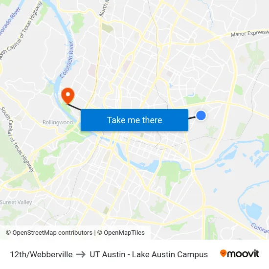 12th/Webberville to UT Austin - Lake Austin Campus map
