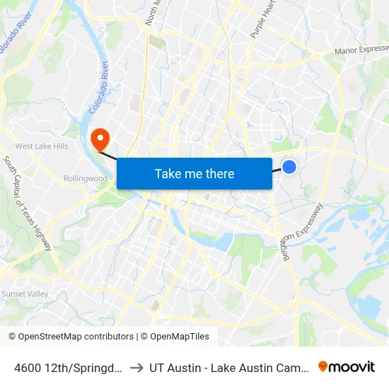 4600 12th/Springdale to UT Austin - Lake Austin Campus map