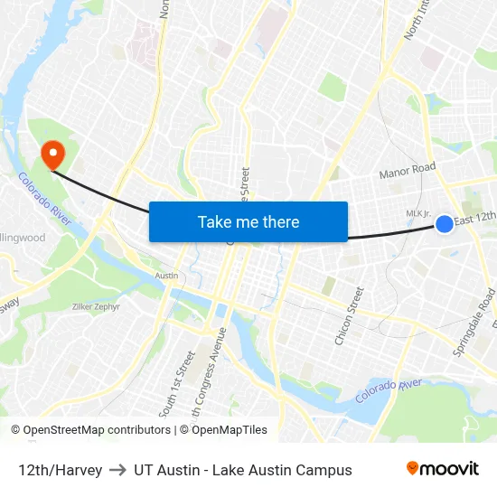 12th/Harvey to UT Austin - Lake Austin Campus map