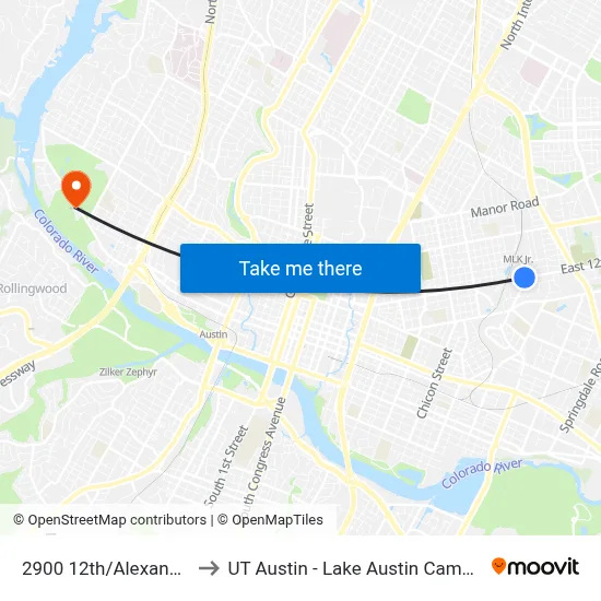2900 12th/Alexander to UT Austin - Lake Austin Campus map